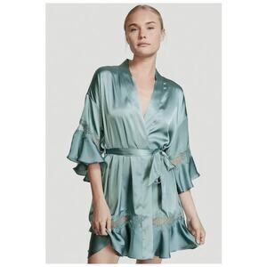 Victoria's Secret Sage Green Satin Lace Robe Kimono Short Bridal Lingerie Med/Lg